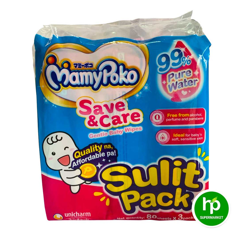 Mamy Poko Baby Wipes Save and Care 80 sheet x 3 Pack