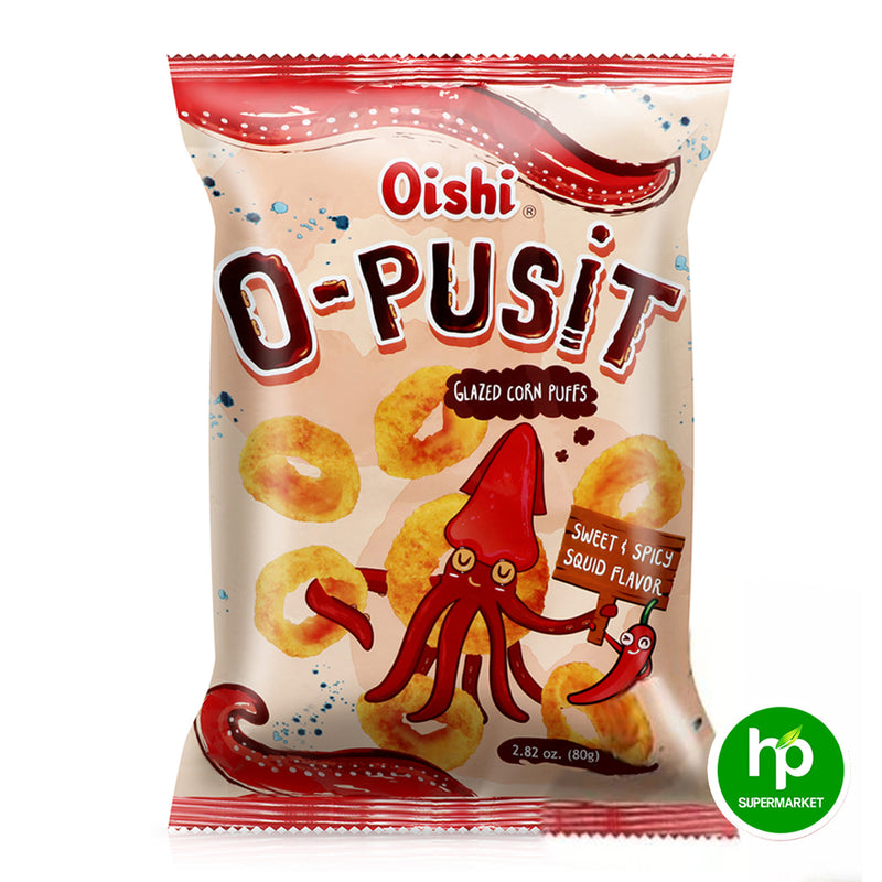 Oishi O-Pusit Glazed Corn Puffs Sweet & Spicy Squid Flavor 80g