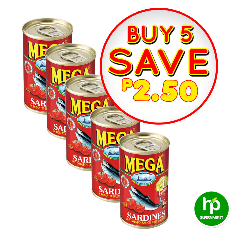 Buy 5 Mega Sardines in Tomato Sauce Chili 155g Save P2.50